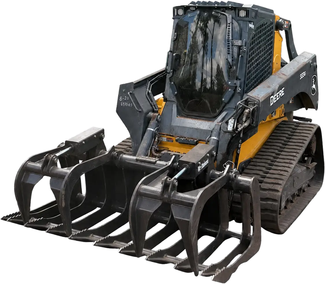 John Deere 333G with grapple rake